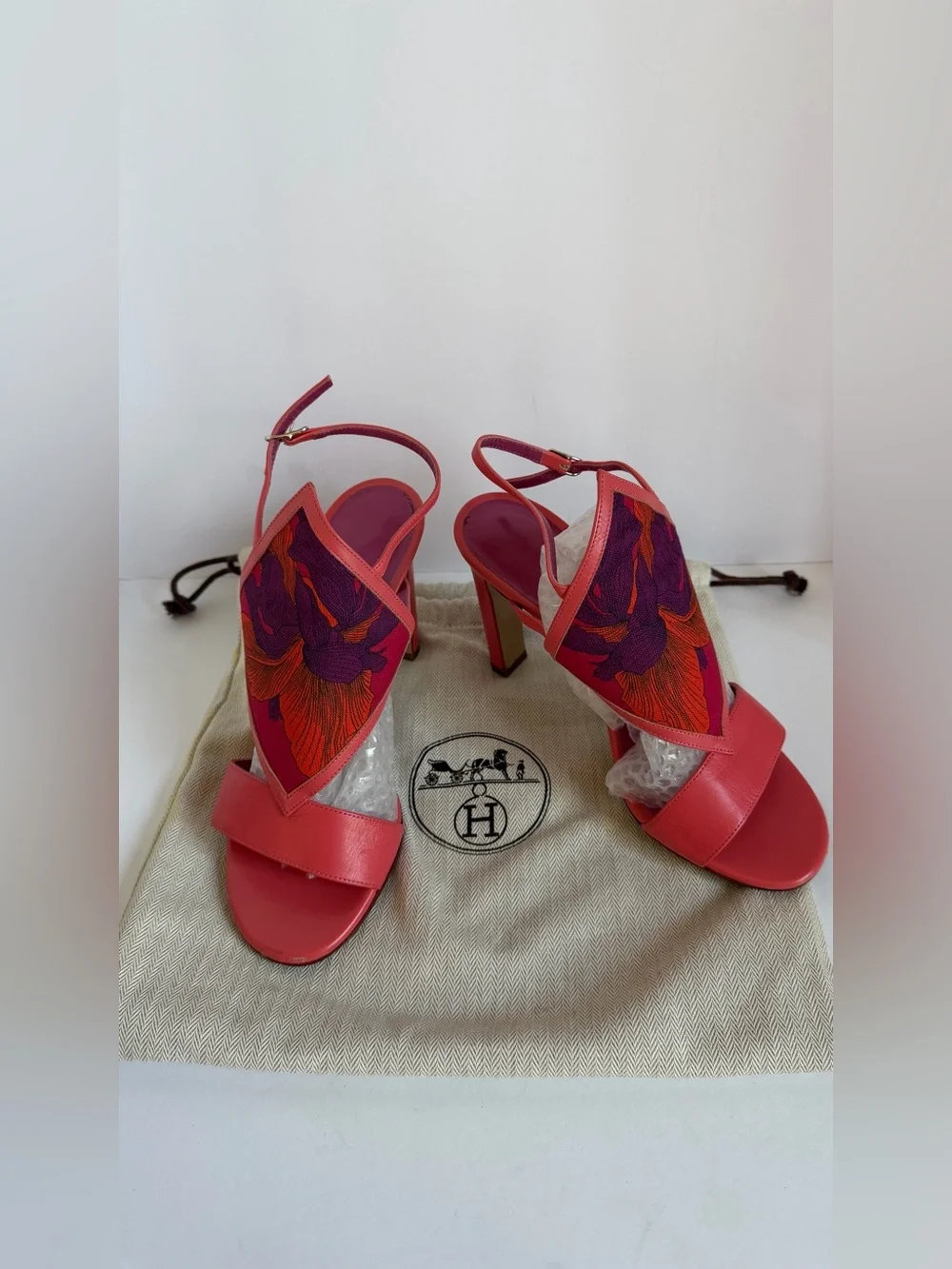 Hermes Women's Coral Pink Embroidered High Heel Sandals